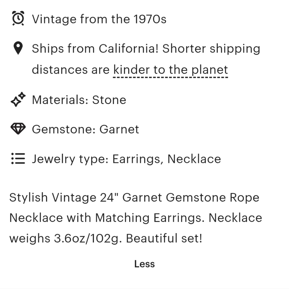 VINTAGE GARNET ROPE NECKLACE WITH MATCHING EARRINGS 1970s (NEW) - Picture 4 of 4